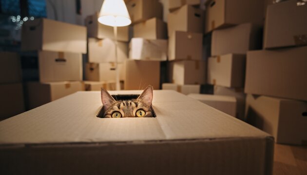 Striped cat peeking through small cutout hole on top of cardboard box surrounded by stacks of boxes moving