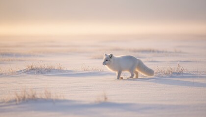 An arctic fox crossing a vast snow covered plain under soft pale neutral light at sunrise forming a tranquil minimal landscape with airy gentle atmosphere