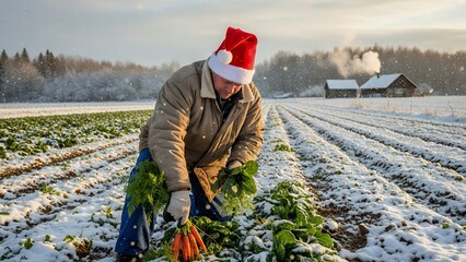Farmer wearing Santa hat harvesting fresh carrots in snowy field with distant smoking cabins, concept for agricultural marketing, winter holiday greeting and organic farming promotion