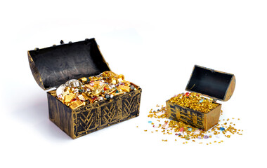 Legendary fancy tale treasure chest. Ancient coffer opened revealing pile of gold bars have magic lamp golden artifact and sparkling colorful cut diamonds isolated on white background.
