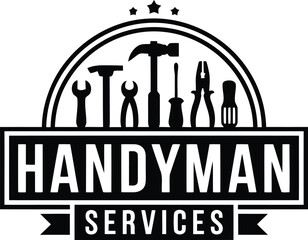 A professional black and white logo showcases handyman services with various repair tools and three stars above