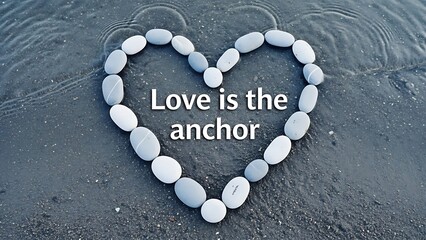 Heart shape of stones with 'Love is the anchor' text on beach