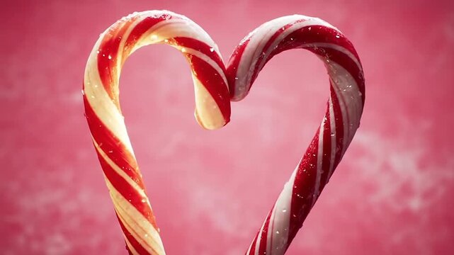 A candy cane bending into a heart shape and glowing faintly. 