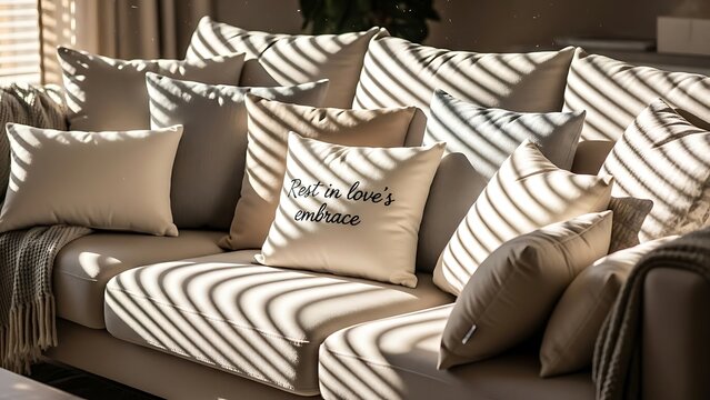 Comfortable Sofa with Striped Sunlight and Soft Pillows - Powered by Adobe