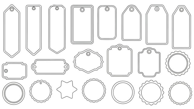 Collection of various blank label and tag outlines in different shapes and sizes on a white background with a minimalist design style.
