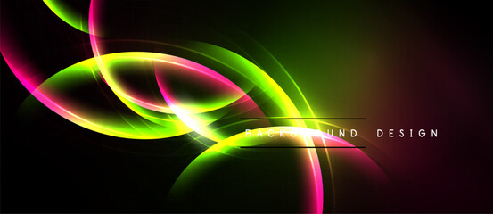 Bright abstract lines create dynamic energy. Vivid colors blend, forming flowing shapes against dark background. Modern design element.