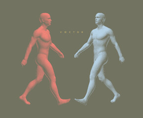 An abstract human figure moving forward. Two human figures in dynamic motion toward a goal. 3D illustration for brochure, poster, presentation, flyer or banner.