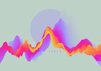 Landscape. Mountains peak and sun. Sunset. Abstract wavy background. Vector illustration for brochure, poster, cover, card, presentation, flyer or banner.