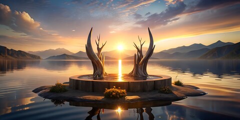 Mystical island sanctuary bathed in golden sunrise, where ancient stone altar meets ethereal light, evoking tranquility and spiritual awakening
