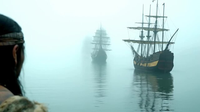 Indigenous person watches tall sailing ships appear on a misty island, a momentous encounter of worlds.