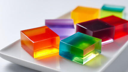Fototapeta premium Jelly slices in bright colors placed with precision on a plain white table