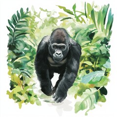Fototapeta premium Bwindi Impenetrable Forest - Gorilla Trekking. Bwindi Impenetrable Forest - Gorilla Trekking hand drawn watercolor illustration on white background