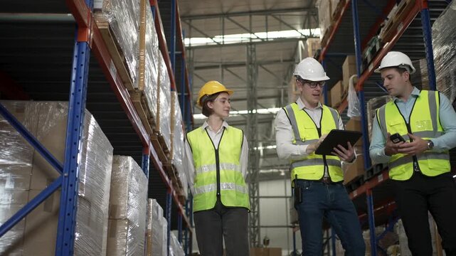 Blue collar workers are working at warehouse. Industrial and factory.