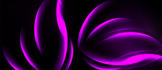 Abstract purple waves flow across black background. Smooth curves create dynamic, modern visual effect. Light glows softly.