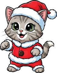 Cute Christmas Cat Illustration – Adorable Kitty in Santa Outfit Cartoon