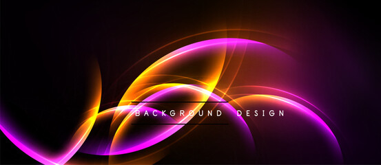 Abstract design features vibrant curves, glowing lines. Dark background enhances bright orange, purple hues. Modern, dynamic composition.