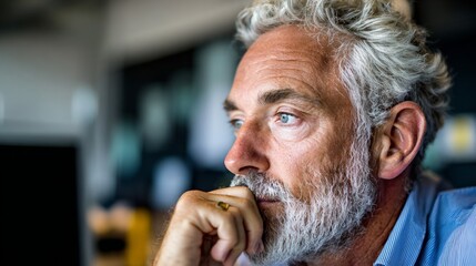 Man with beard and glasses, deep in thought at desk in office.