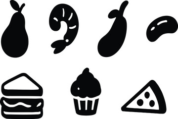 This graphic features a collection of food icons, including fruits, seafood, vegetables, and popular snacks and desserts. The bold silhouettes are perfect for enhancing menus, food-related graphics, o