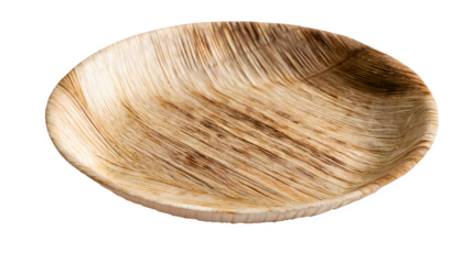 Round palm-leaf food plate with subtle natural pattern, elegant zero-waste dining isolated on Transparent background