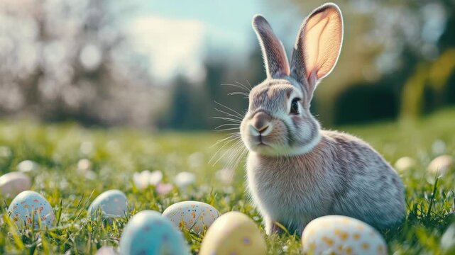 A cute bunny sitting among colorful Easter eggs.