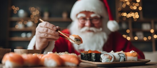 Obraz premium Santa enjoying delicious sushi with chopsticks on Christmas Eve