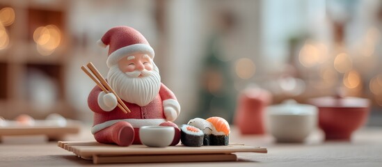 Santa Claus figure with chopsticks and Japanese food on a table with Christmas decorations