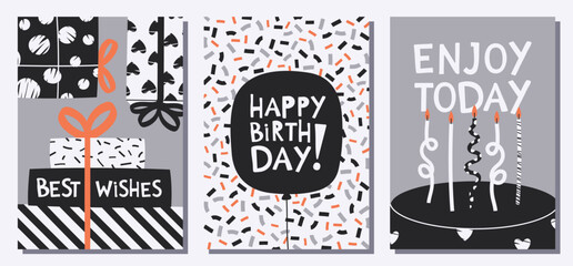 Stylish Birthday greeting cards set with gifts, balloon and cake © Panna_Limon