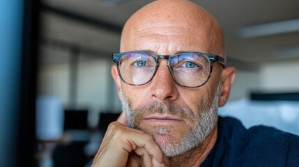 Man in glasses, balding, beard, office setting