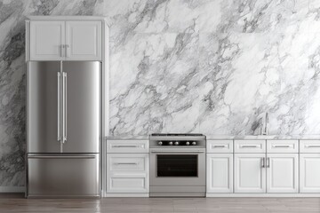 Modern kitchen with stainless steel appliances and marble walls.