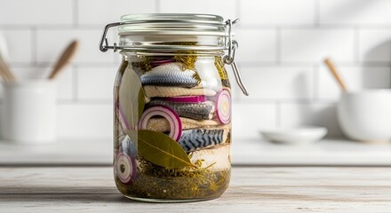 Pickled vegetables in glass jar with herbs on kitchen counter