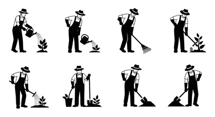 Obraz premium Black and white icons illustrating a gardener performing different tasks like watering, raking, digging, and planting.