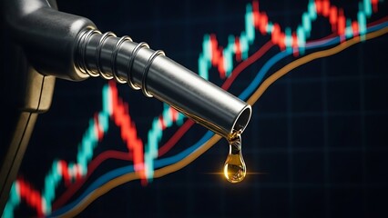 Gasoline pump nozzle with oil drop and financial market graph background