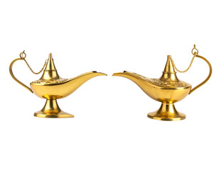 An antique golden genie lamp for magic, in traditional Arabian style, is isolated against a white background