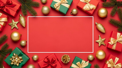 Festive christmas background with gifts, ornaments, and decorations in gold and red colors, isolated on red background