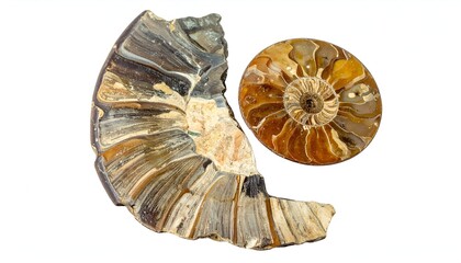 Sliced, iridescent fossil shell fragments revealing interior spirals. White background