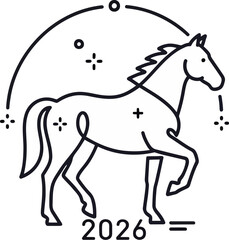 Minimalist 2026 Year of the Horse Line Art Illustration — Modern Monoline Zodiac Animal with Stars and Astrology Symbol