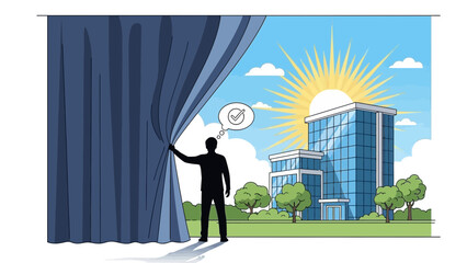 Silhouette of a businessman revealing a modern office building under a bright sun with a checkmark thought bubble, concept for real estate success, career growth  and new opportunities 