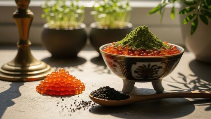 Luxurious red caviar and black caviar served in decorative bowls with green garnish and plants in background