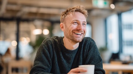 Man sitting at table in coffee shop, smiling.