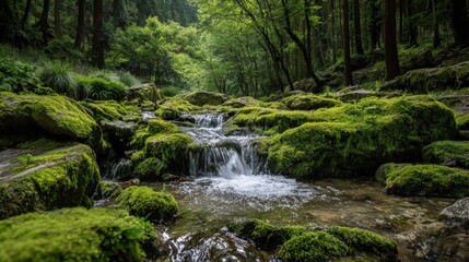 Obraz premium Lush Green Forest Stream Flowing Over Mossy Rocks, Creating a Refreshing and Tranquil Scene