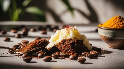 Delicious dessert with whipped cream and cocoa powder surrounded by coffee beans and spices on a rustic surface
