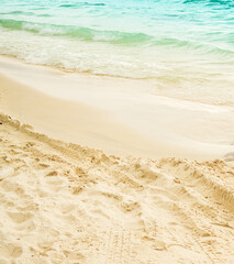 Summer background sea blue with sand beach at coast island scene mockup water nature travel vacation holidays tropical, mockup ocean ecosystem energy change environment, backdrop product cosmetic.