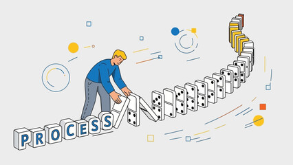 Businessman sets up word 'PROCESS' domino chain reaction, concept for workflow management, project initiation and efficiency improvement