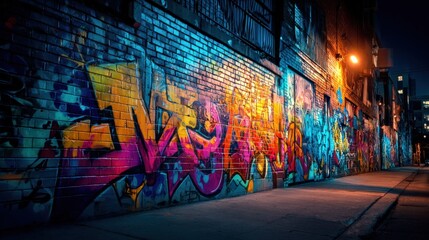 Urban Artistry: Vibrant Graffiti Adorning a Brick Wall in an Atmospheric City Streetscape at Night