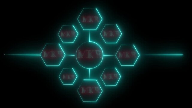 Futuristic Hexagonal Network Visualization with Glowing M K R Symbols in Digital Space