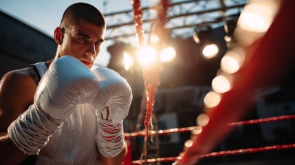 Focused boxer in white gloves stands ready inside the brightly lit boxing ring ropes