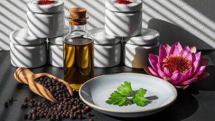 Aromatic black peppercorns and fresh parsley with olive oil and a pink lotus flower for spa or culinary use