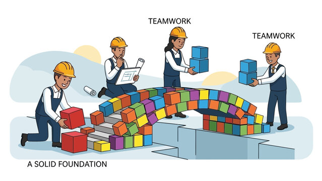Construction workers in hard hats build a colorful block bridge symbolizing collaboration, concept for project management, business strategy and organizational development