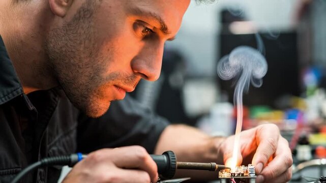 A focused young man soldering electronics on a racing FPV drone in a workshop, smoke rising from the hot iron, intense close-up.