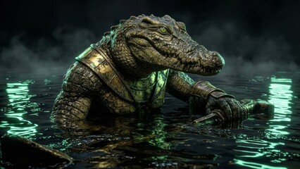 Fototapeta premium Fantasy Crocodile Warrior in Water Armor Creature Mythical